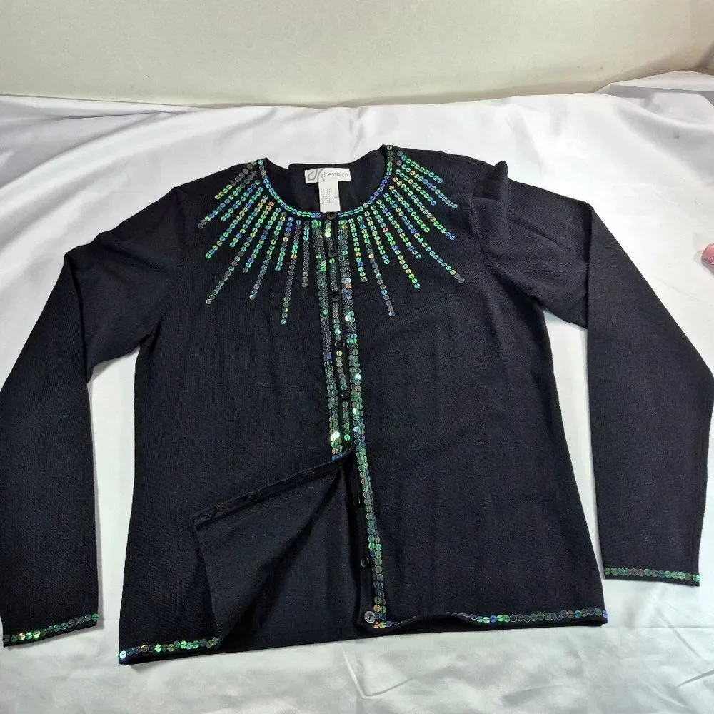 Dress Barn Black Sequin Cardigan Sweater Large Metallic Iridescent Button Up - Picture 9 of 12